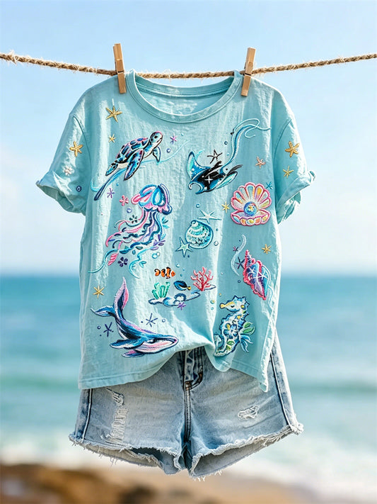 Kvinnors Dreamy Lovely Marine Life Art Skriv ut kortärmad t-shirta