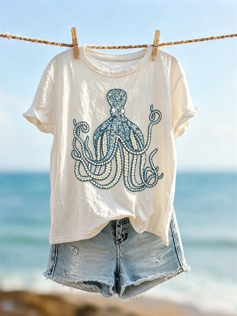 Kvinnors Octopus Beaded Art Print T-shirt
