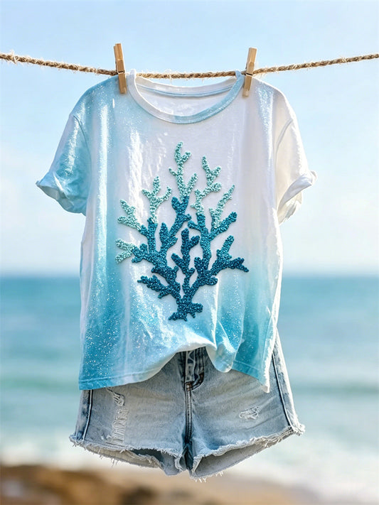 Kvinnors Gradient Coloral Seaside Glitter Skriv ut kortärmad T-shirt