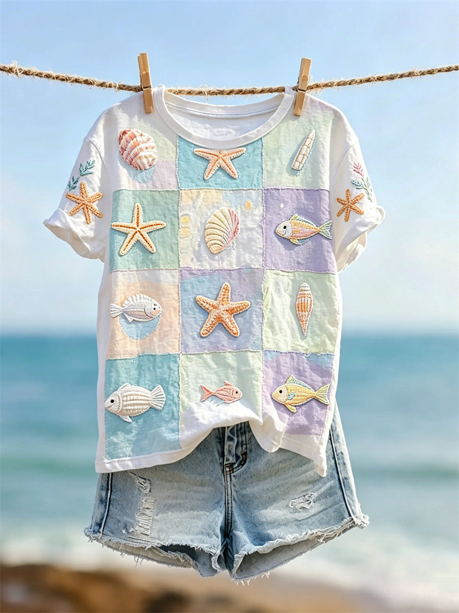Women's Marine Life Colorblock Art Skriv ut kortärmad T-shirt