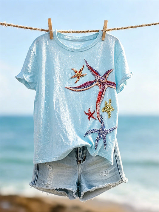 Kvinnors färgglada Starfish Glitter Konst Skriv ut kortärmad T-shirt