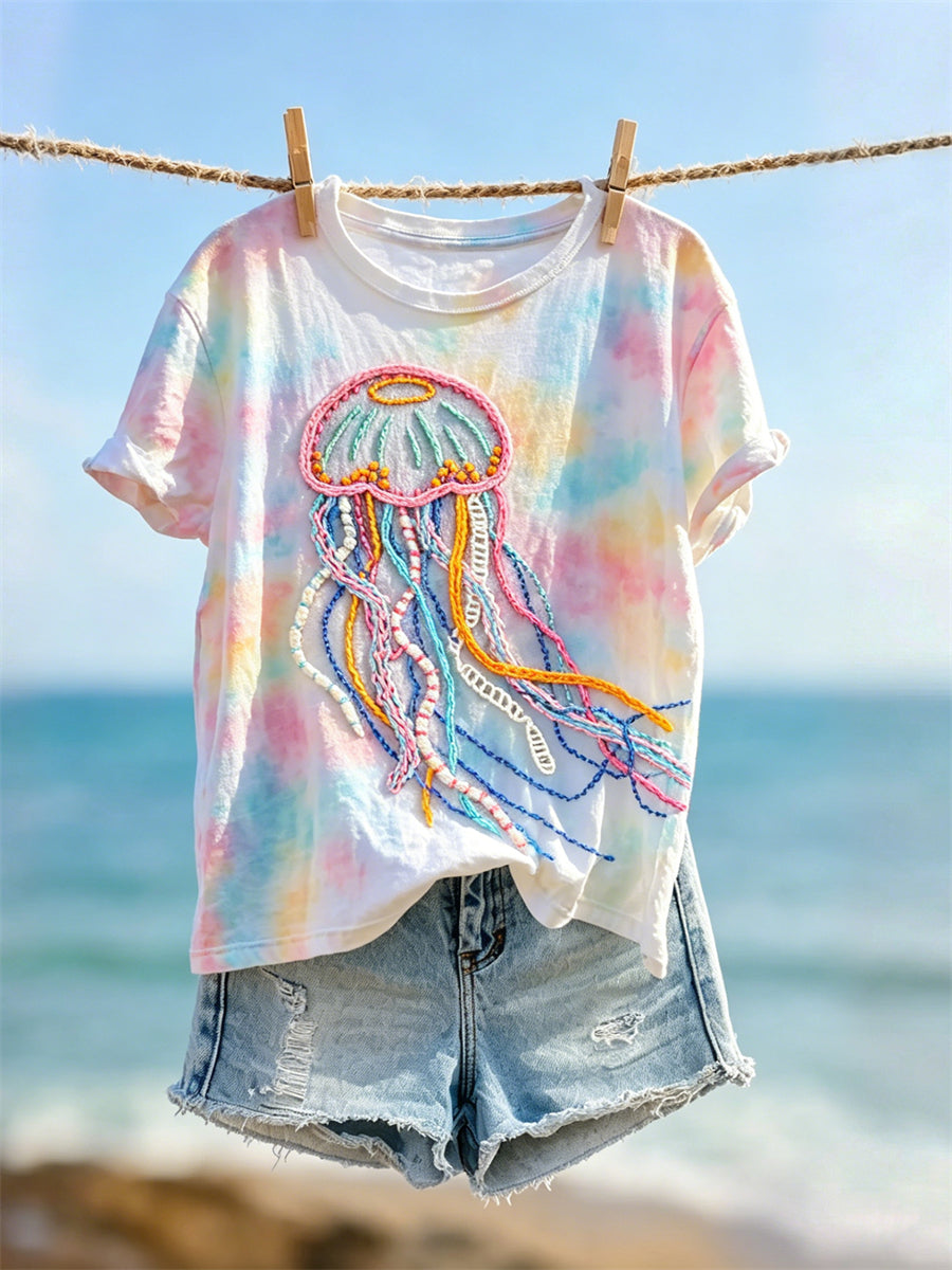 Kvinnors Jellyfish Art Colorful Tie Färg Skriv ut kortärmad T-shirt