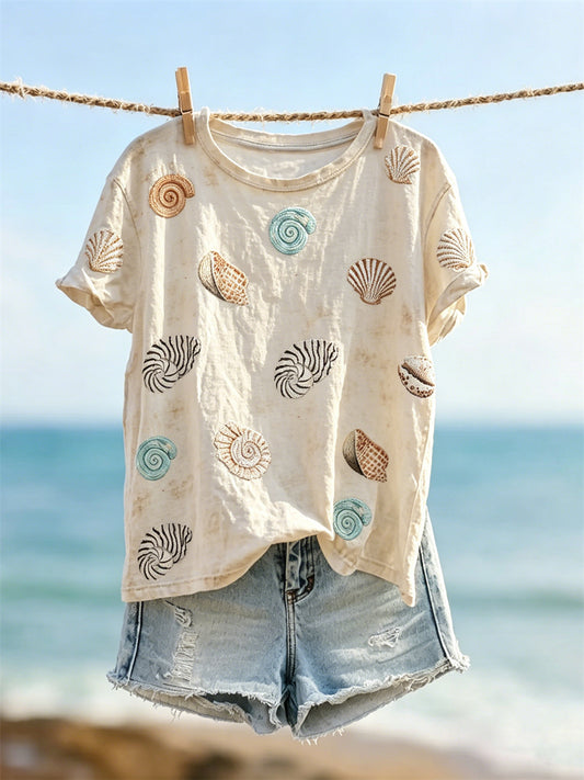 Women's Beach Sea Shells & Conch Print T-shirt