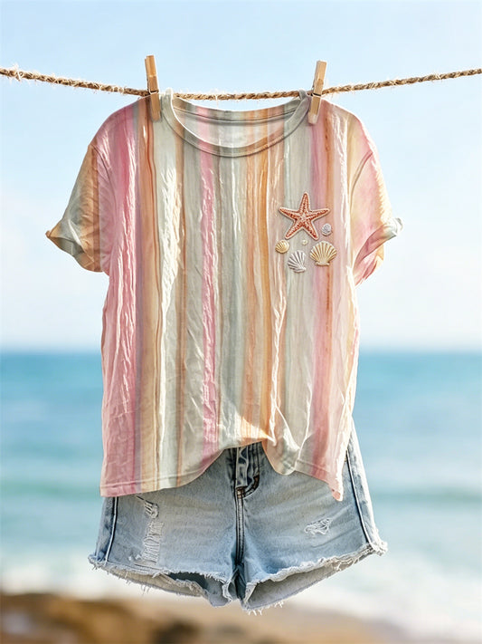 Kvinnors stjärna & Sea Shell Strand Sunset Gradient Stripad Tryck skort ärm T-shirt