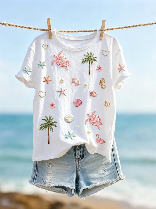 Kvinnors Vacation Beach Elements Mönster Skriv ut kortärmad T-shirt