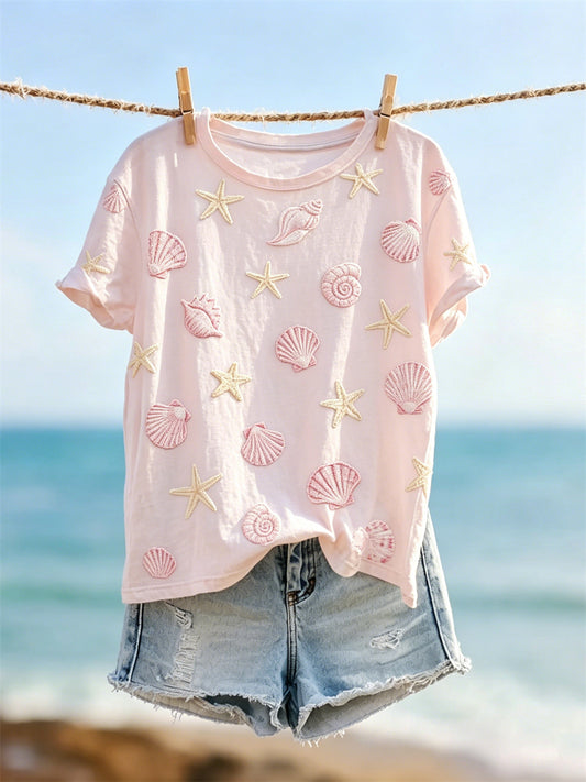 Women's Starfish & Sea Shells Mönster Skriv ut kortärmad T-shirt