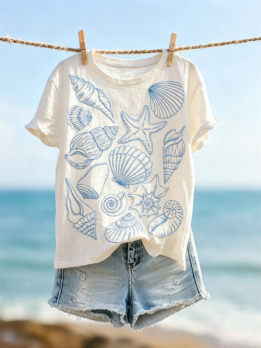 Women's Beach Starfish Sea Shells & Conch Print T-shirt