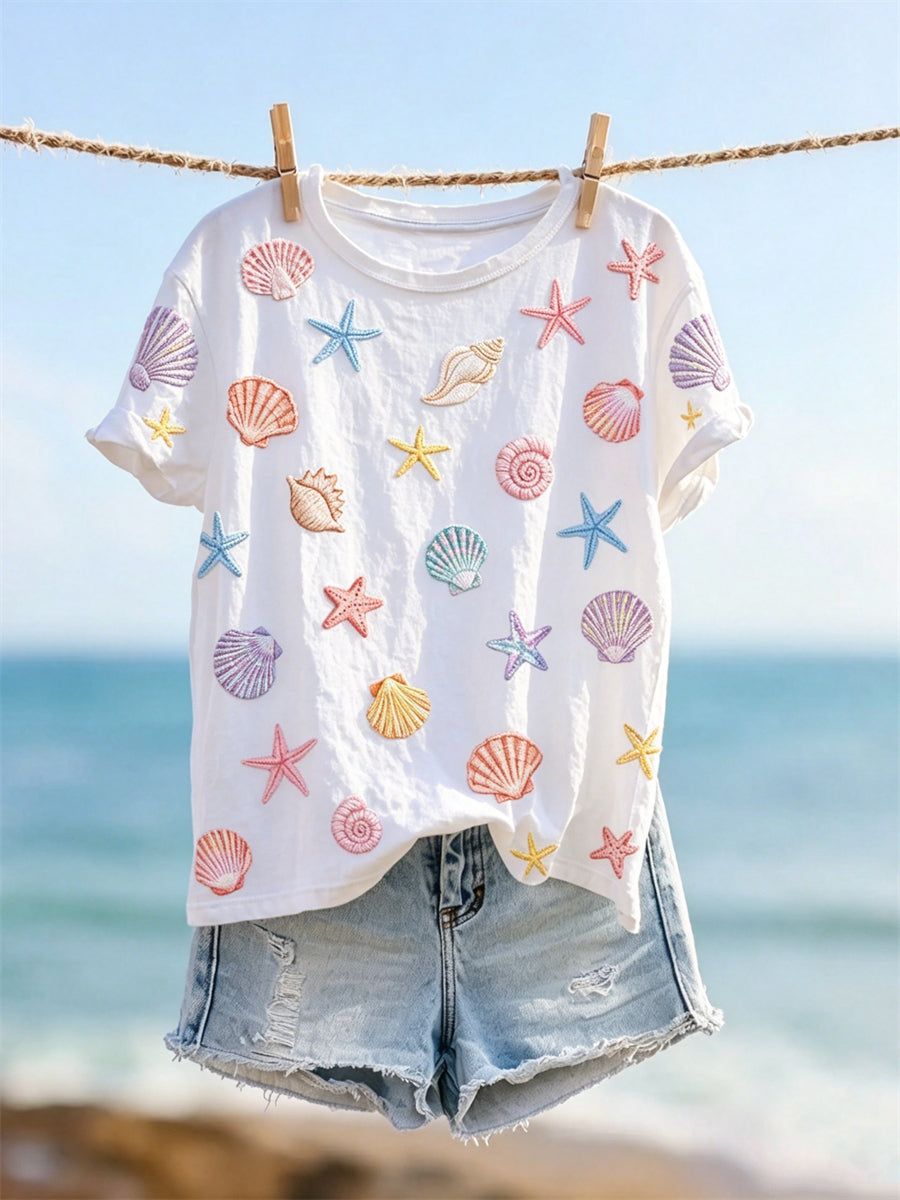 Kvinnors färgglada Starfish Sea Shells Mönster Skriv ut kortärmad T-shirt