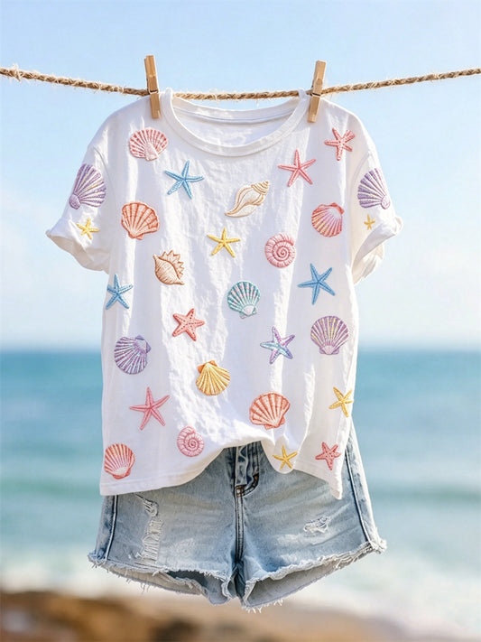 Kvinnors färgglada Starfish Sea Shells Mönster Skriv ut kortärmad T-shirt