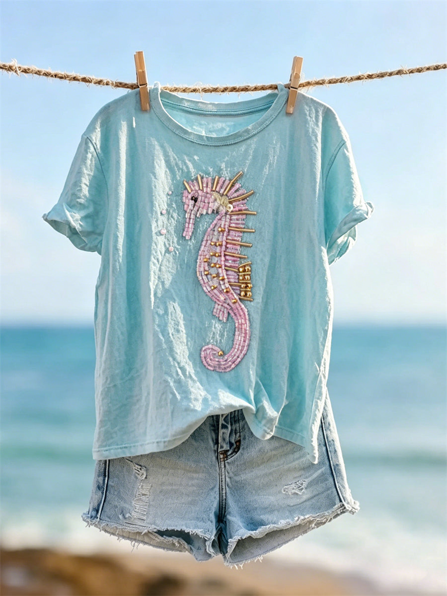 Kvinnor Pink Sjöhäst Pärlor Konst Skriv ut kortärmad T-shirt