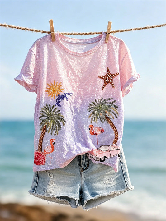Damens Seaside Semesterelement Glitter Gradient Skriv ut kortärmad T-shirt