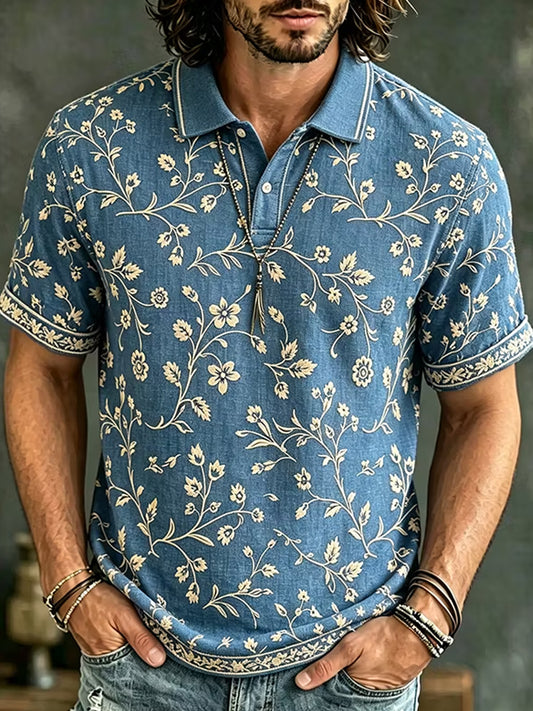 Retro abstrakt broderad blomsterkonsttryck avslappnad pikétröja