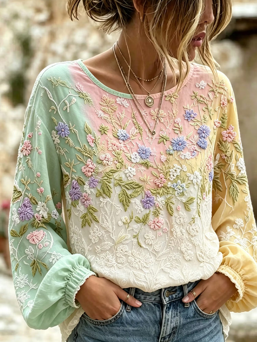Damtröja i vintagestil med blommigt konsttryck, tillverkad i bomull och linne
