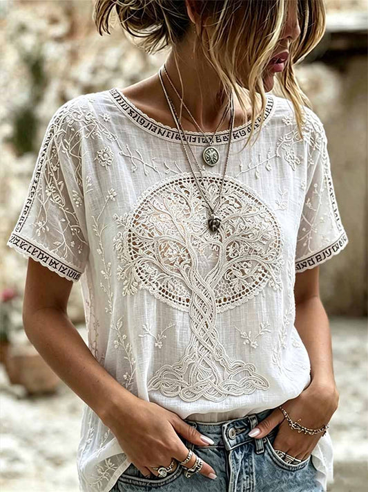 Kvinnlig romantisk blommig vikingart-print avslappnad t-shirt