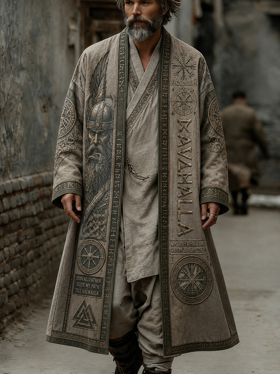 Mäns Retro Viking Print Casual Long Trench rocka