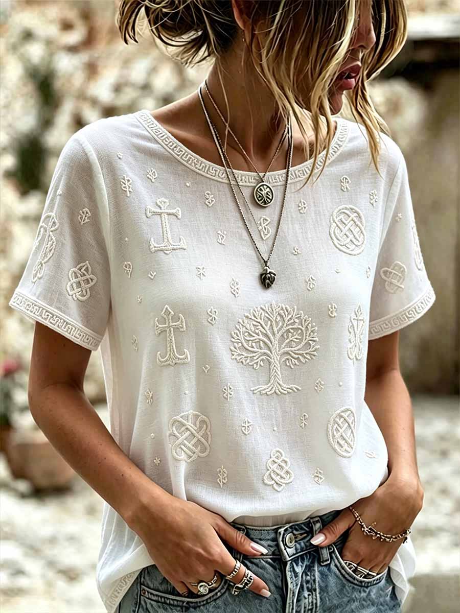 Kvinnlig romantisk blommig vikingart-print avslappnad t-shirt