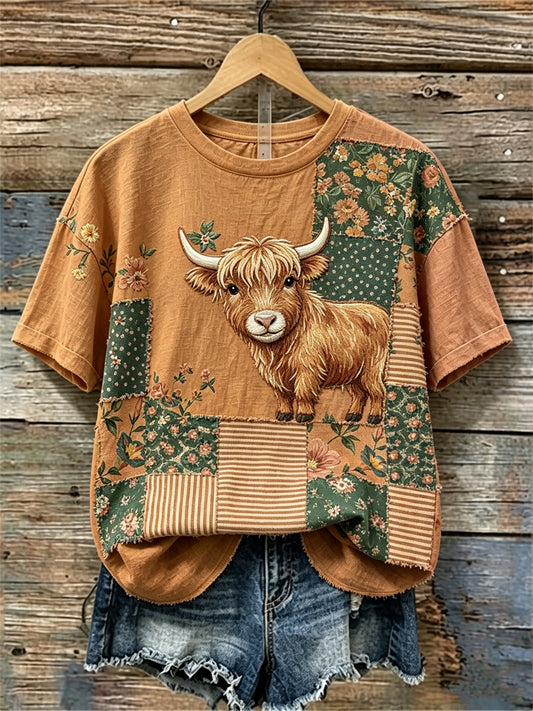 Damernas höglandsboskstuga blommigt lapptäcktsmönstrad linnet-shirt med korta ärmar