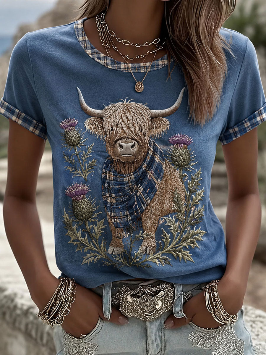 Kvinnors Highland Denim Plaid Tryck T-shirt