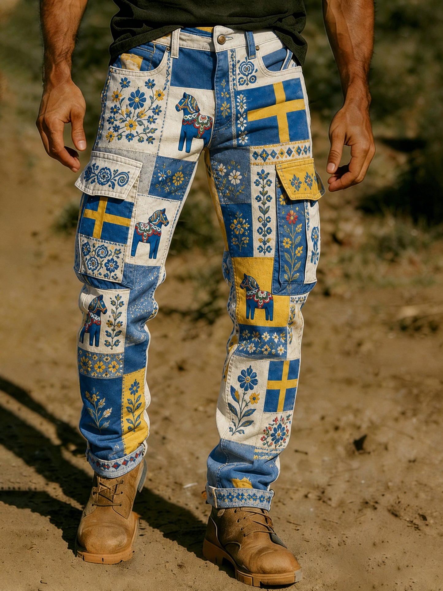 Mansbyxor med konstnärlig tryck som hyllar den svenska nationaldagen