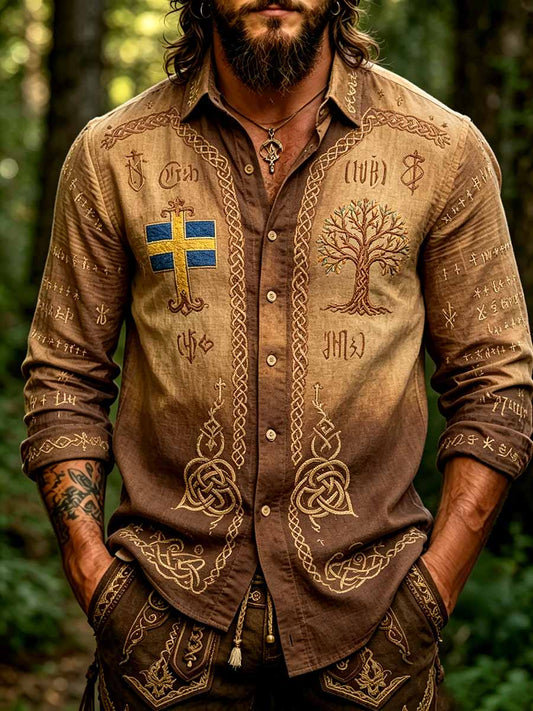 Herrmode vikingatavla tryckt skjorta