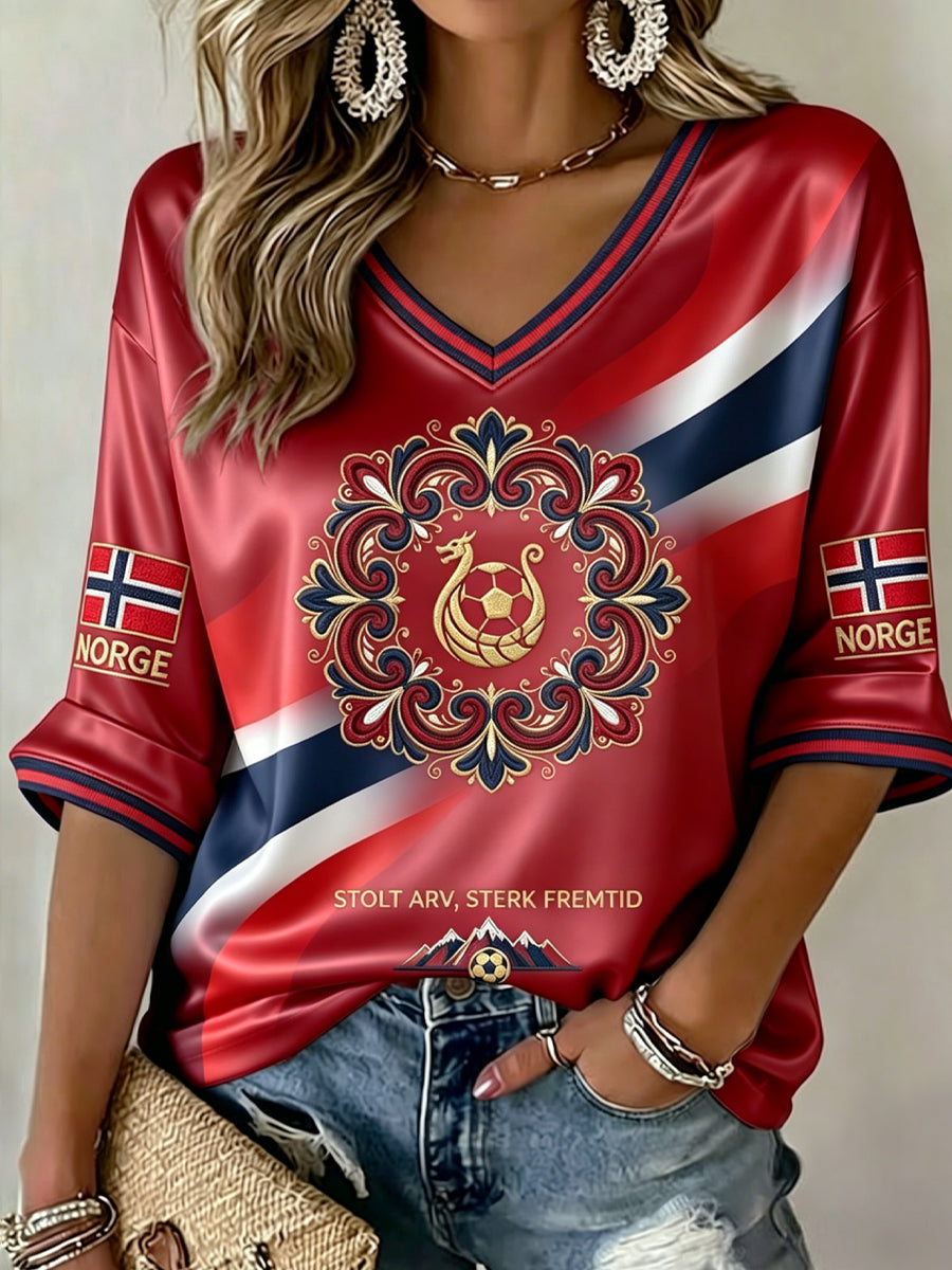 Kvinnors Retro Norge 2026 fotboll Casual V-hals T-shirt