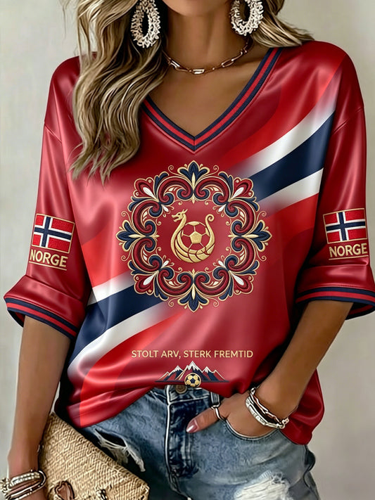 Kvinnors Retro Norge 2026 fotboll Casual V-hals T-shirt