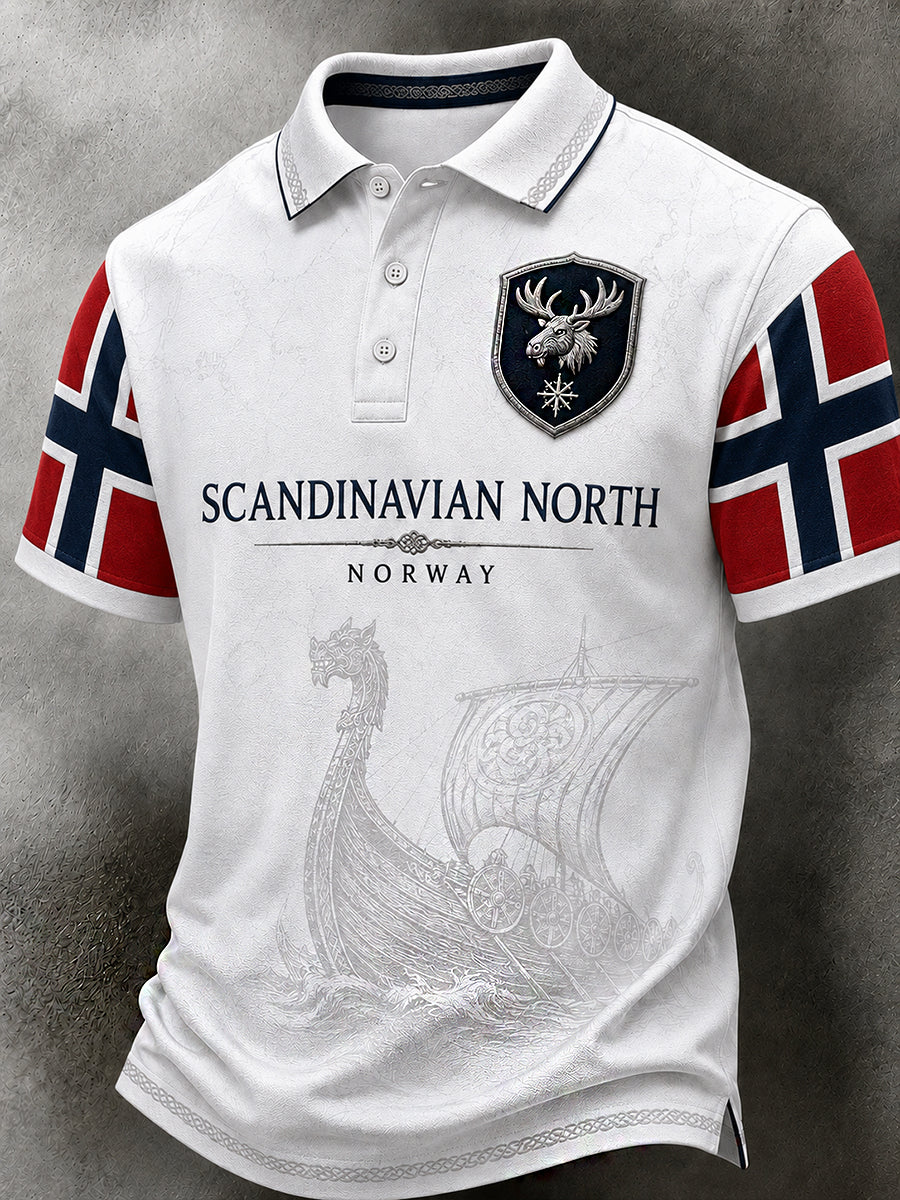 Herrpolotröja i retro-nordisk stil med norsk konsttryck