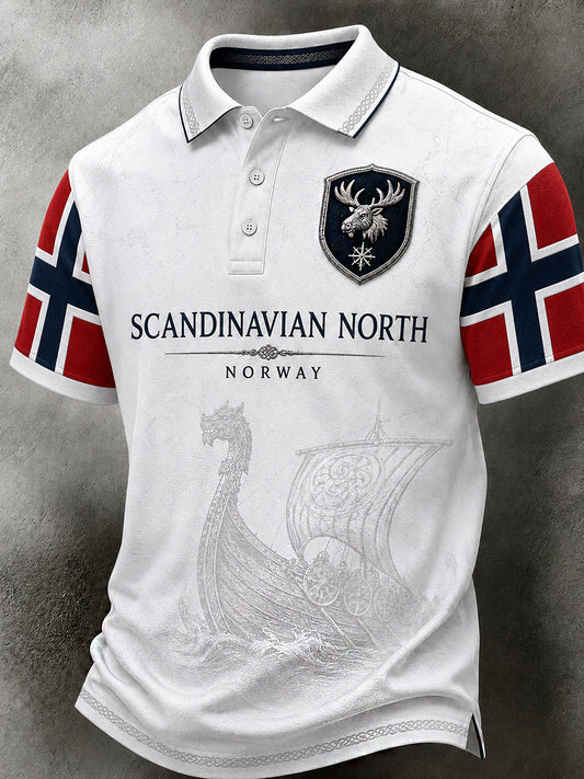 Herrpolotröja i retro-nordisk stil med norsk konsttryck
