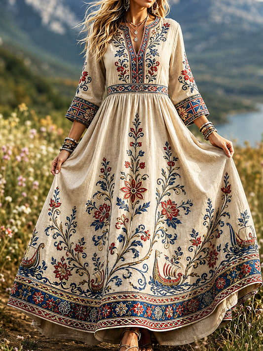 Kvinnor Retro Scandinavian-stil bomull-Linen klänning med norsk konst Print