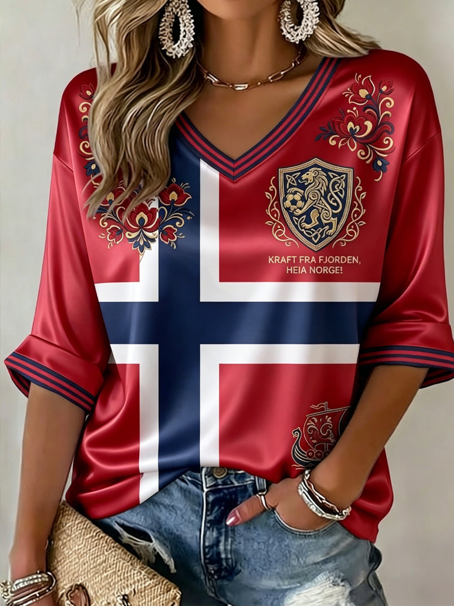 Kvinnor Retro Norge 2026 Fotboll fläkt Casual V-hals T-shirt
