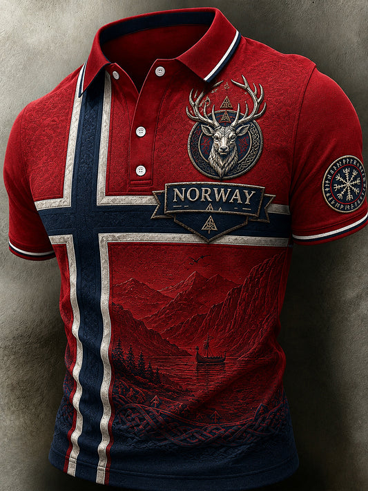 Herrpolotröja i retro-nordisk stil med norsk konsttryck