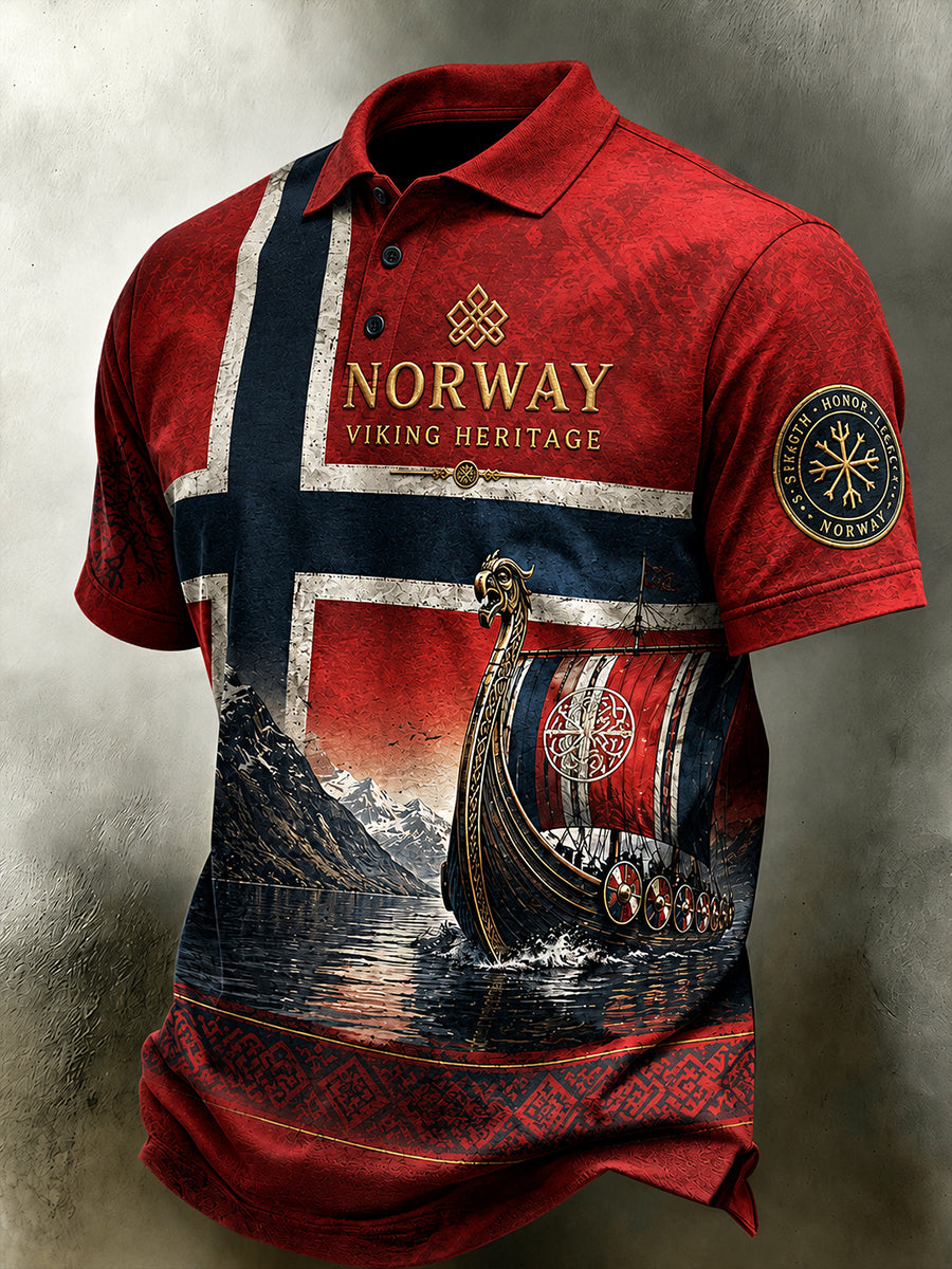 Herrpolotröja i retro-nordisk stil med norsk konsttryck