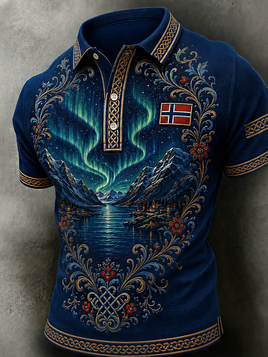 Herrpolotröja i retro-nordisk stil med norsk konsttryck