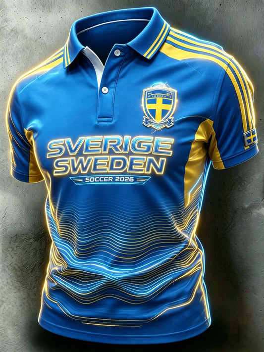 Herrpolskortärmad polo med retrotryck för svenska fotbollsentusiaster 2026