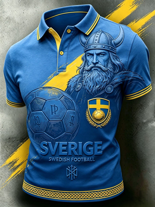 Herrpolskortärmad polo med retrotryck för svenska fotbollsentusiaster 2026