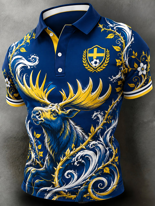Konstnärlig polotröja för män med fotbollsmotiv och svensk tema