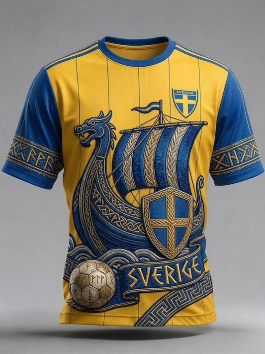 Herrtröja i retrostil med svensk fotboll 2026 tryckt på