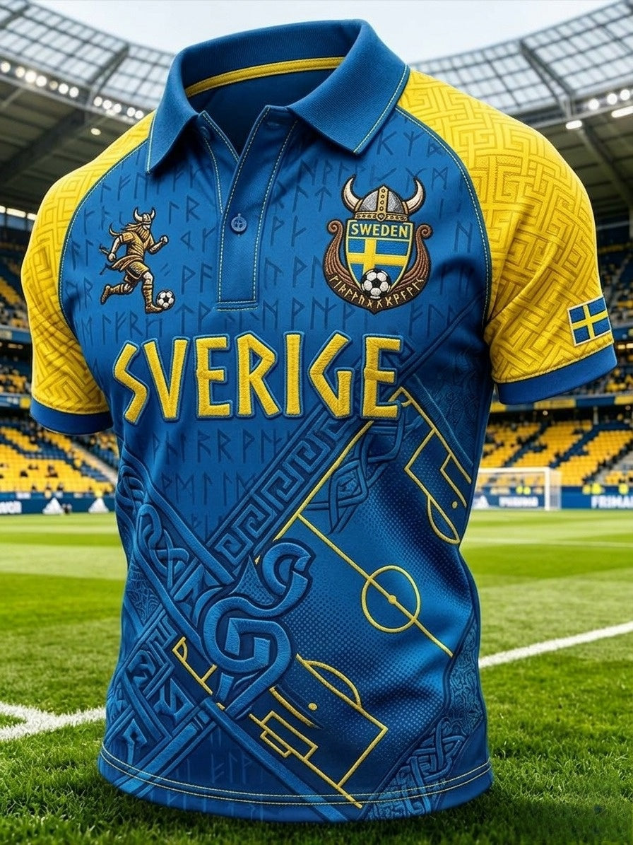 Herrpolskortärmad polo med retrotryck för svenska fotbollsentusiaster 2026