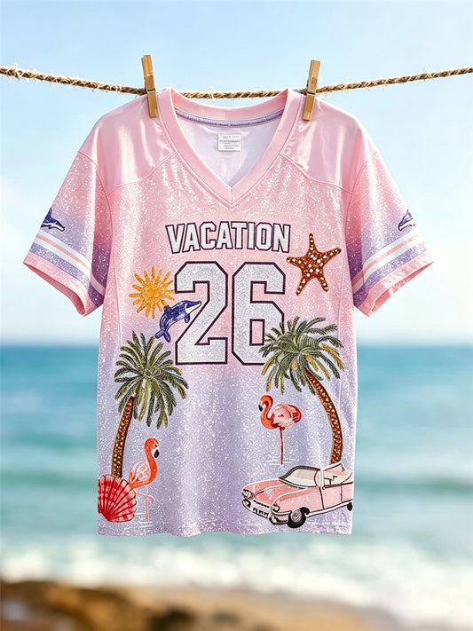 Kvinnors semester 2026 Beach Semester Gradient Glitter Skriv ut Jersey T-shirt