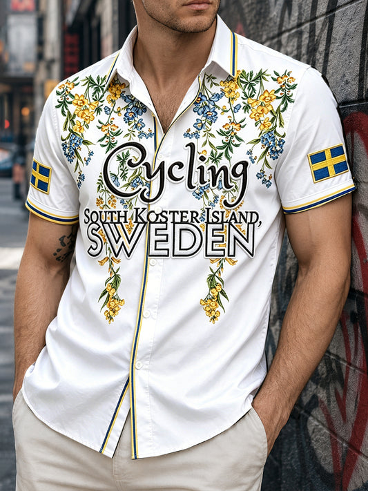 Mansskjorta i svensk cykeldesign med blommönster och korta ärmarna, till vardagsbruk