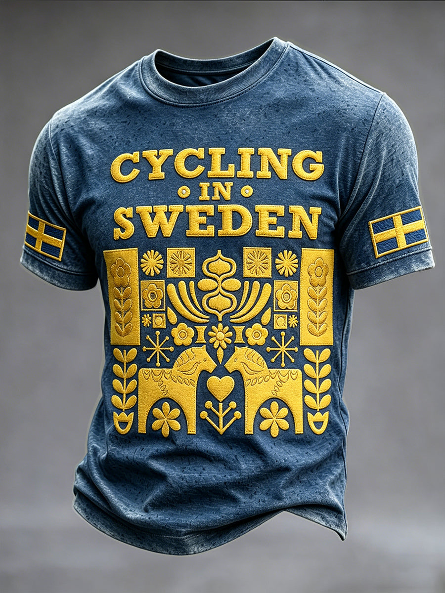 Mansvintage blå svensk cykel-Dalahästprint avslappnad t-shirt