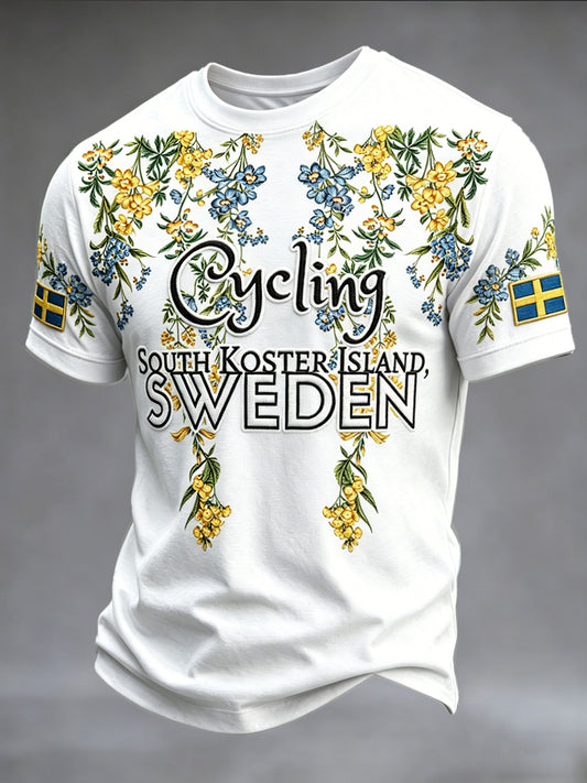 Vit, avslappnad herrtröja med svensk cykling- och blommamönster