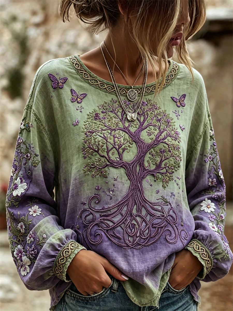 Kvinnors vikinga träd av livet fjärilar Floral Print Gradient Cotton-Linen tröja