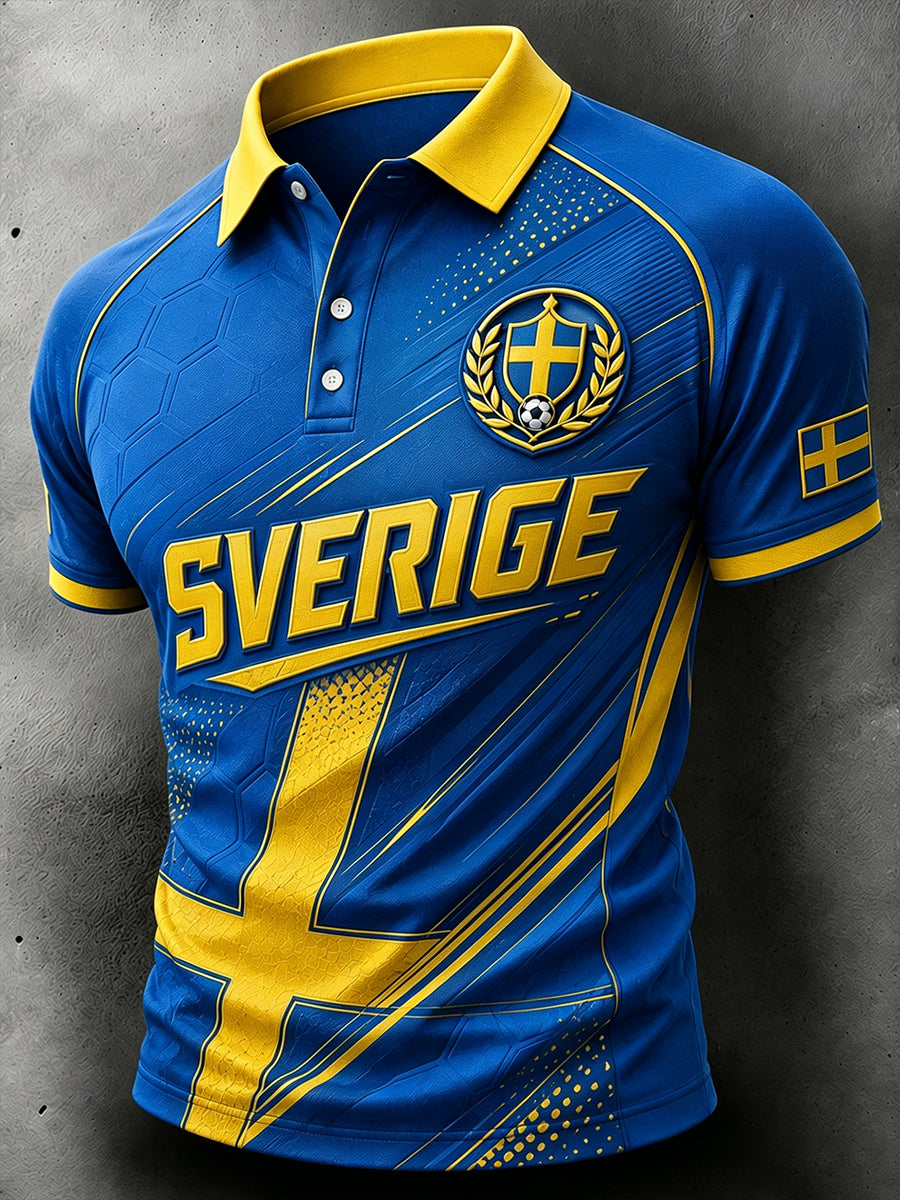 Herrpolotröja med korta ärmar och fotbollstema i färgblockdesign