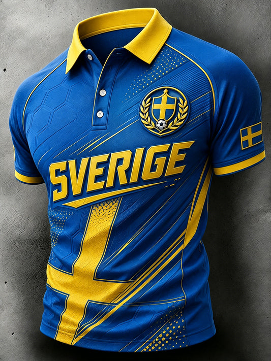 Herrpolotröja med korta ärmar och fotbollstema i färgblockdesign