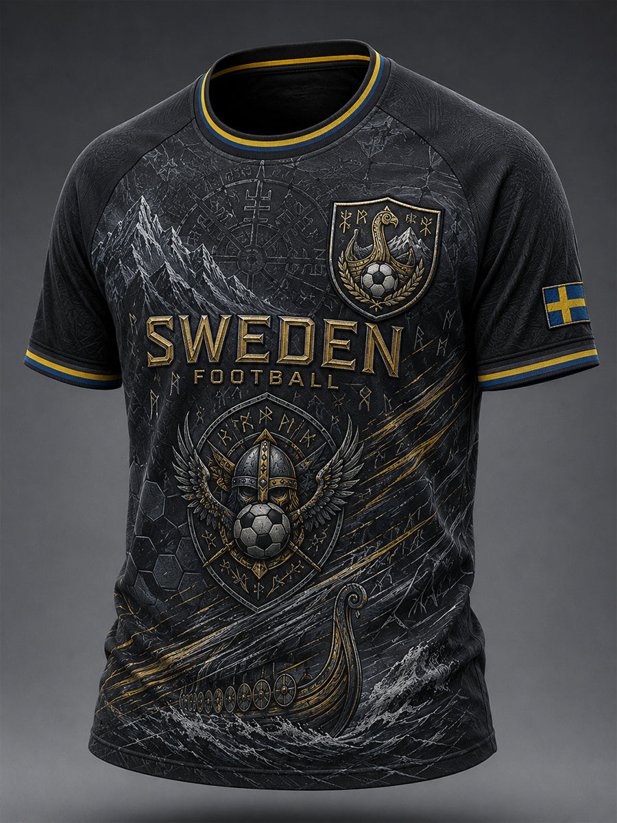 Herrtröja med fotbollsmotiv, färgblockad design, raglanärmar och korta ärmar