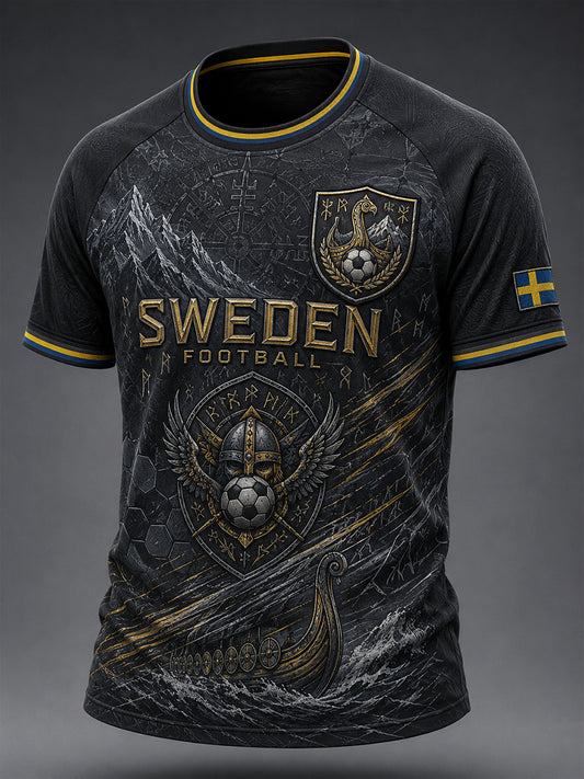 Herrtröja med fotbollsmotiv, färgblockad design, raglanärmar och korta ärmar