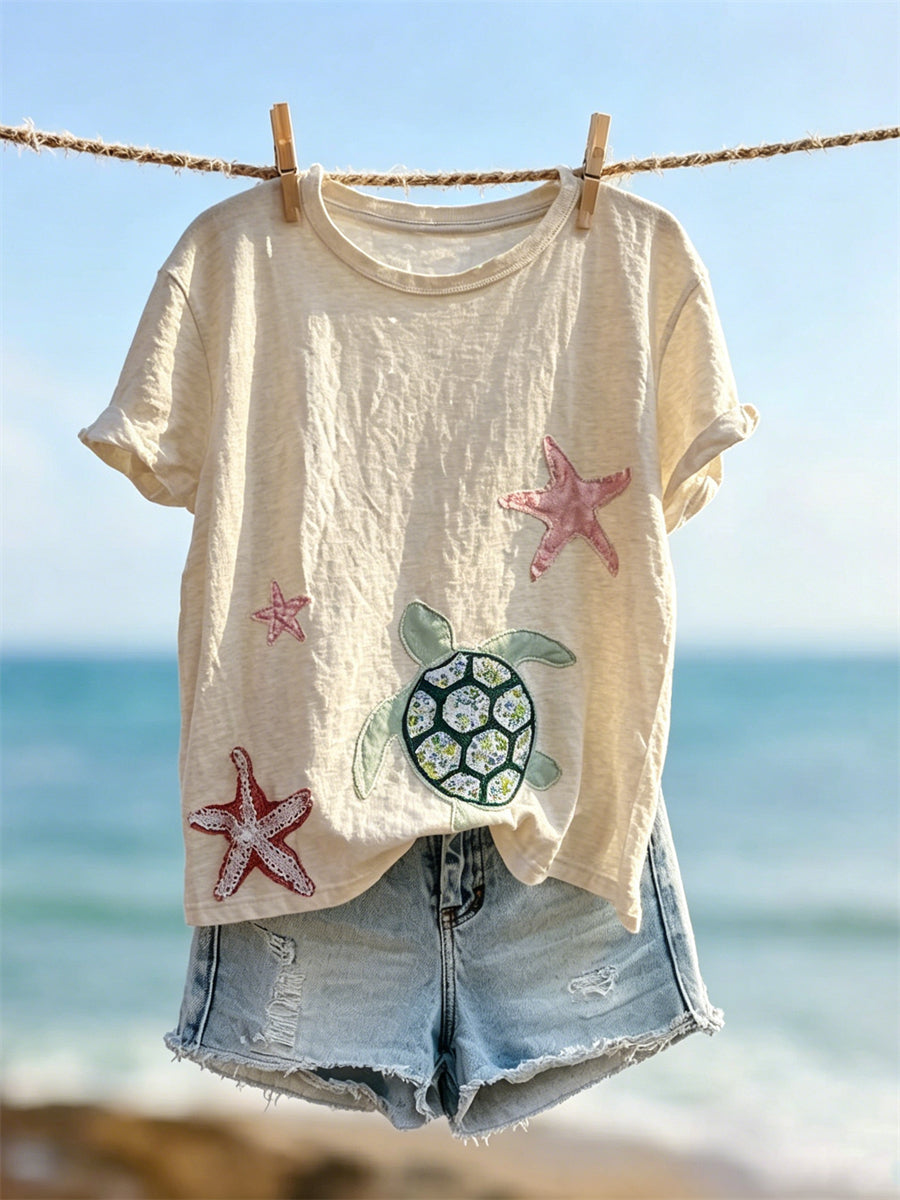 Damens havs Turtle & Starfish Beach Art Skriv ut kortärmad T-shirt