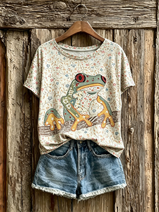 Kvinnors Vintage Cottagecore Tree Groda Floral Skriv ut kortärmad T-shirt