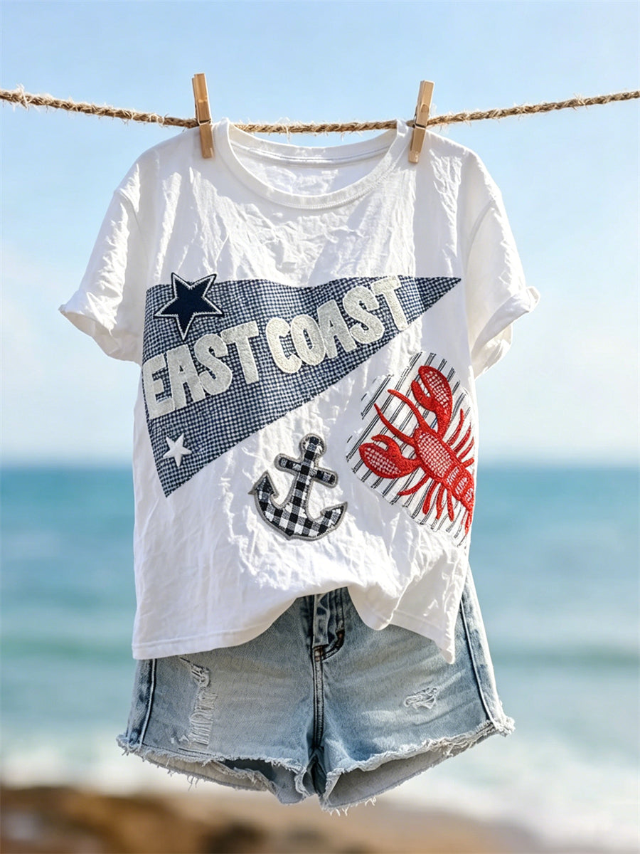Damens East Coast Hummer & Anchor Skriv ut kortärmad T-shirt